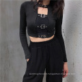 Black Slim Hollow Out Long Sleeve Club Sexy Crop Tank Top Women Blouse